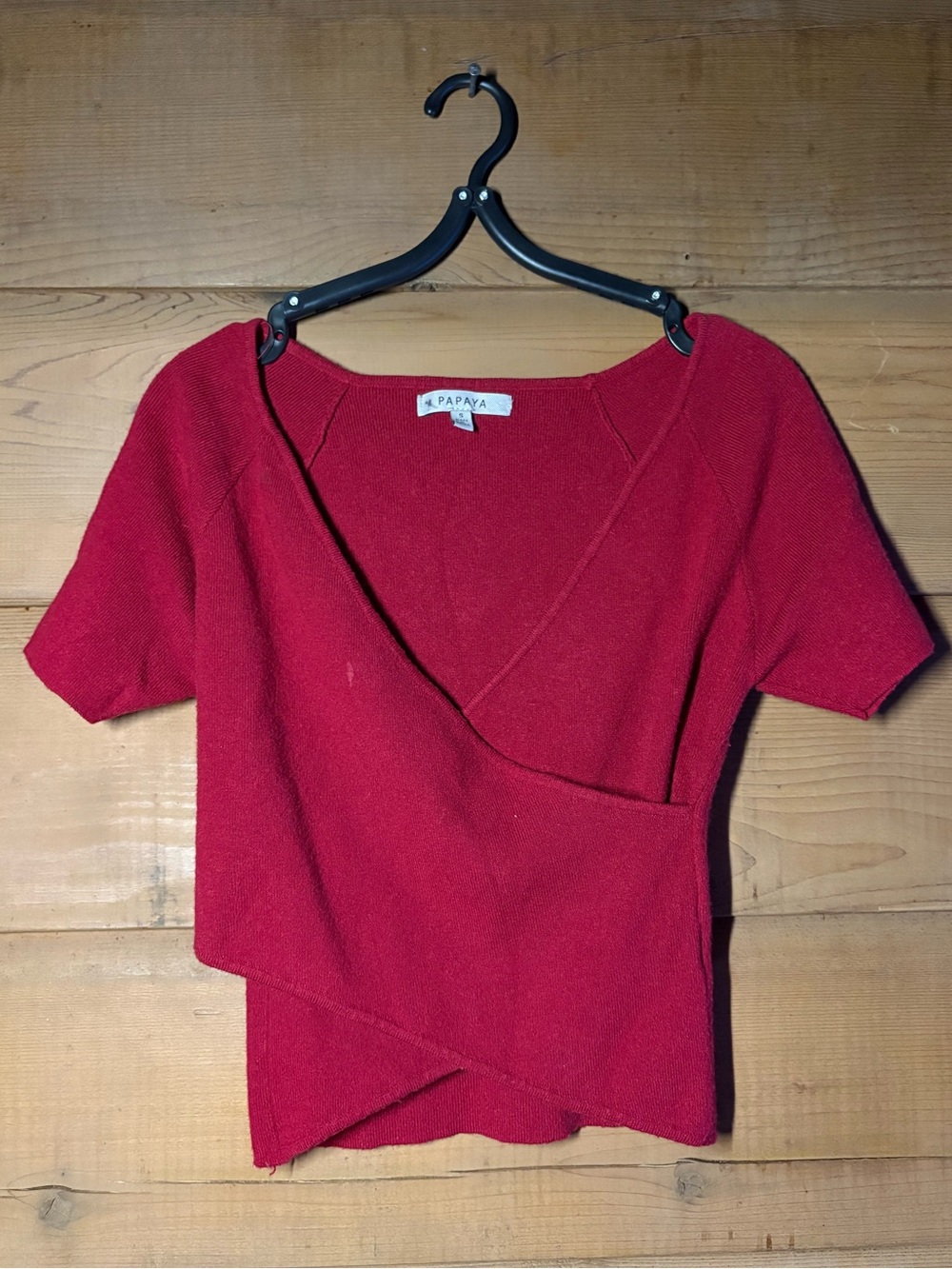 Papaya Red Faux Wrap Knit Top- Size Small- Christmas in July Top